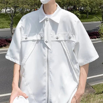 AIDASE  -  American Style Male Shirts Loose Chic Lapel Versatile Short Sleeve Zipper Shirt Metal Decoration Solid Color Shirt 21E6870 aidase-shop